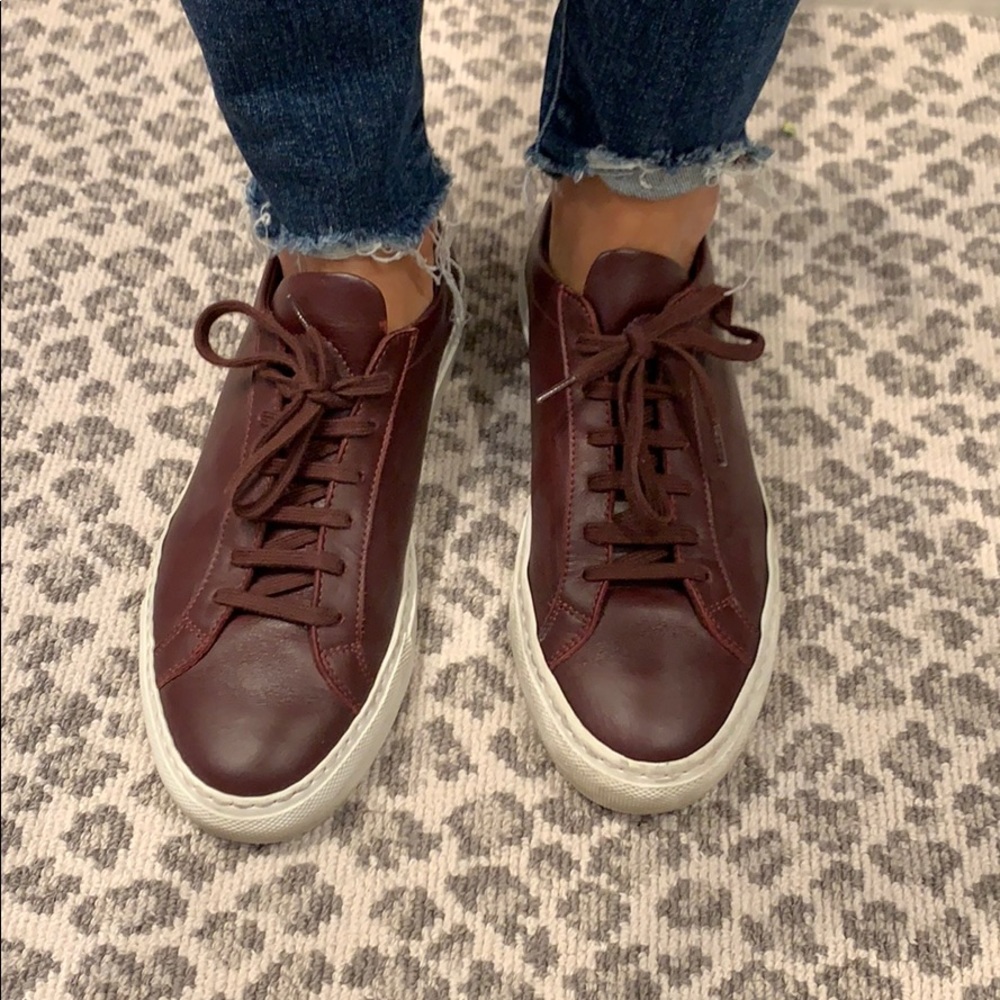 Maroon leather common project sneakers